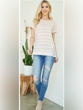 New Ryu Areve Stripe Vintage Distress Wash Top with Crochet Back